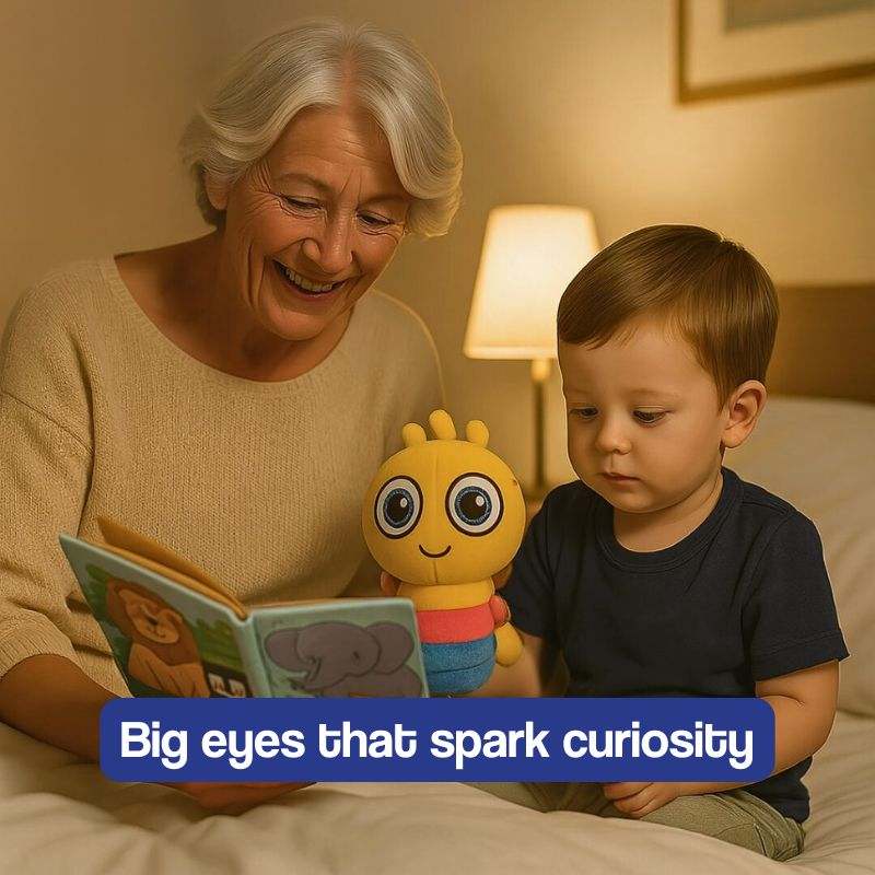 Soft white plush toy Boolby with big eyes, a learning buddy for kids encouraging curiosity and confidence