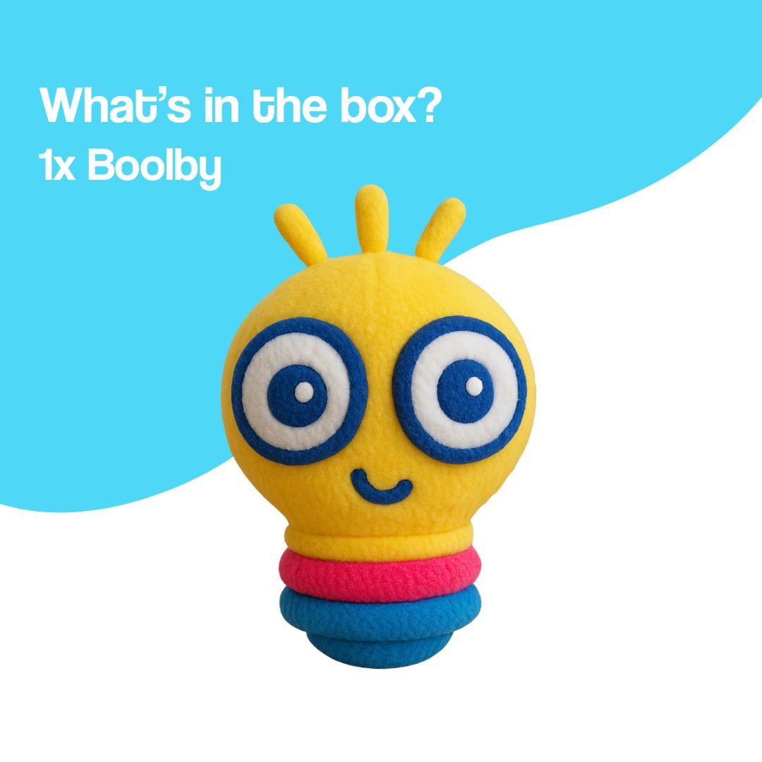 Boolby learning buddy plush toy with big eyes encouraging curiosity and confidence