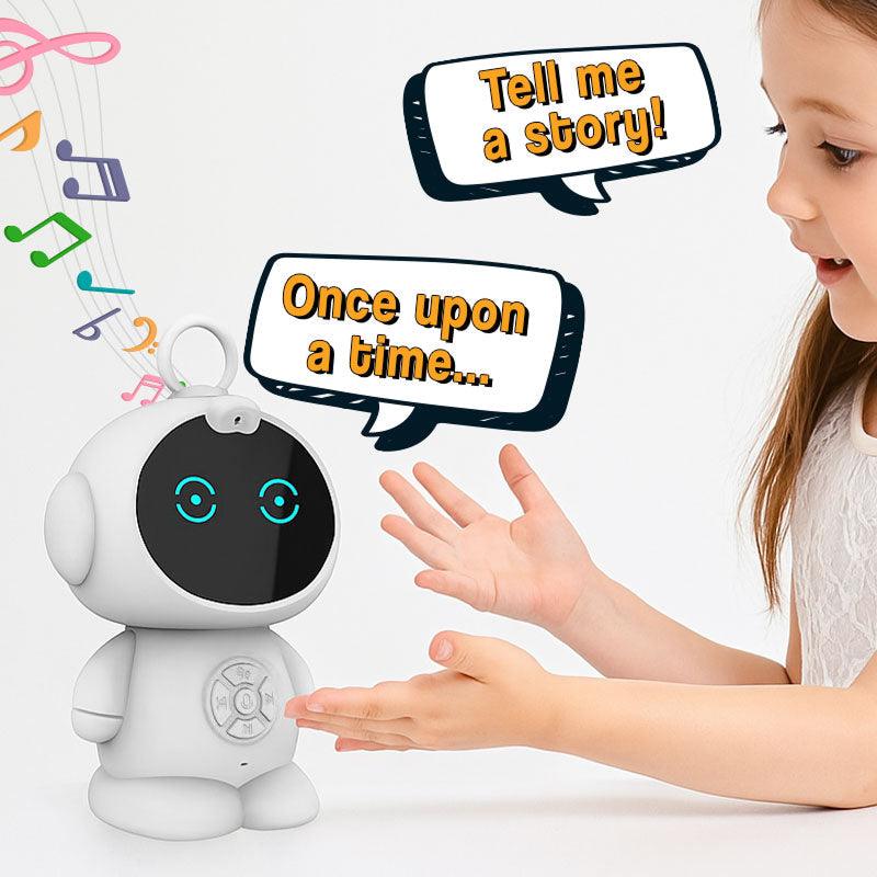 Child interacting with the TalkTime Mini AI Learning Robot that tells stories and plays music with voice recognition.
