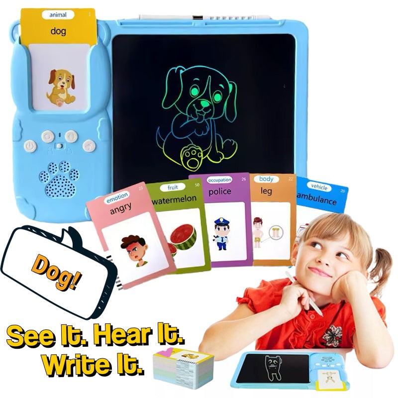 Multi-sensory learning drawing board with vocabulary flashcards, audio pronunciation, and mess-free LCD tracing for kids aged 3+