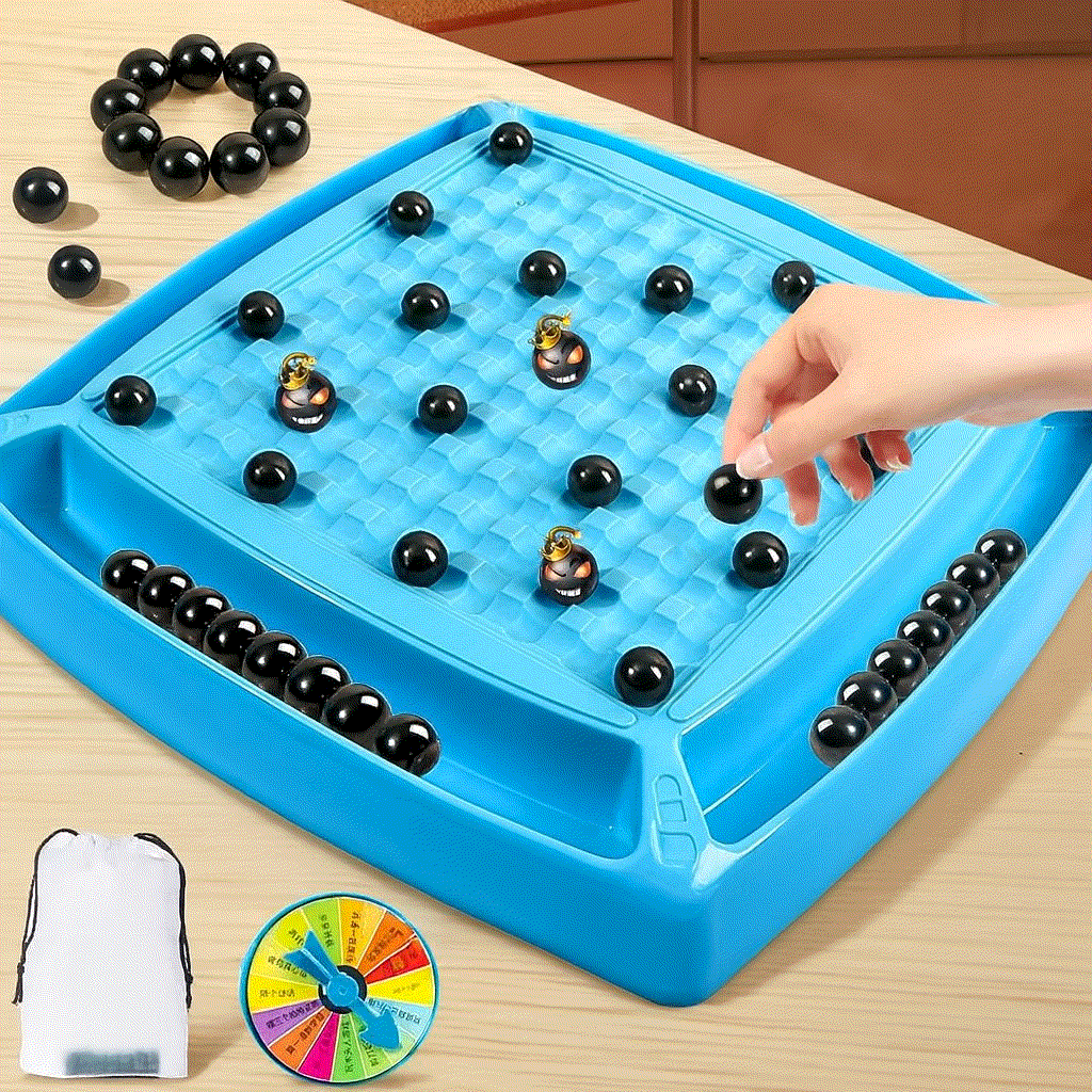 Minefield Magnetic Battle Chess game with blue board, black magnetic pieces, and a colorful spinner for kids.