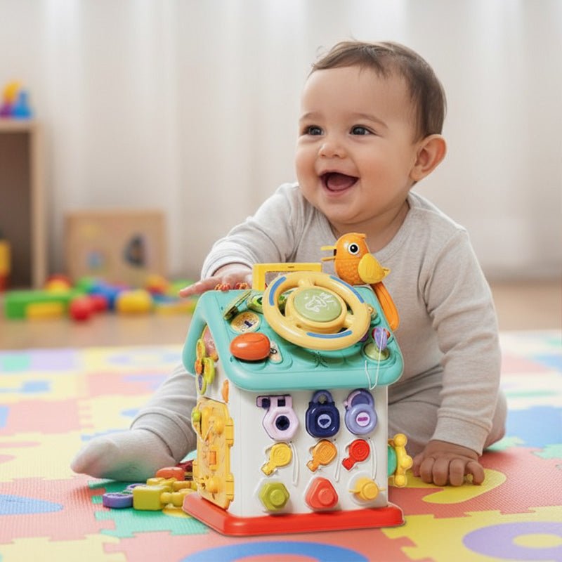 baby playing with Montessori Busy House toy designed for fine motor skills development