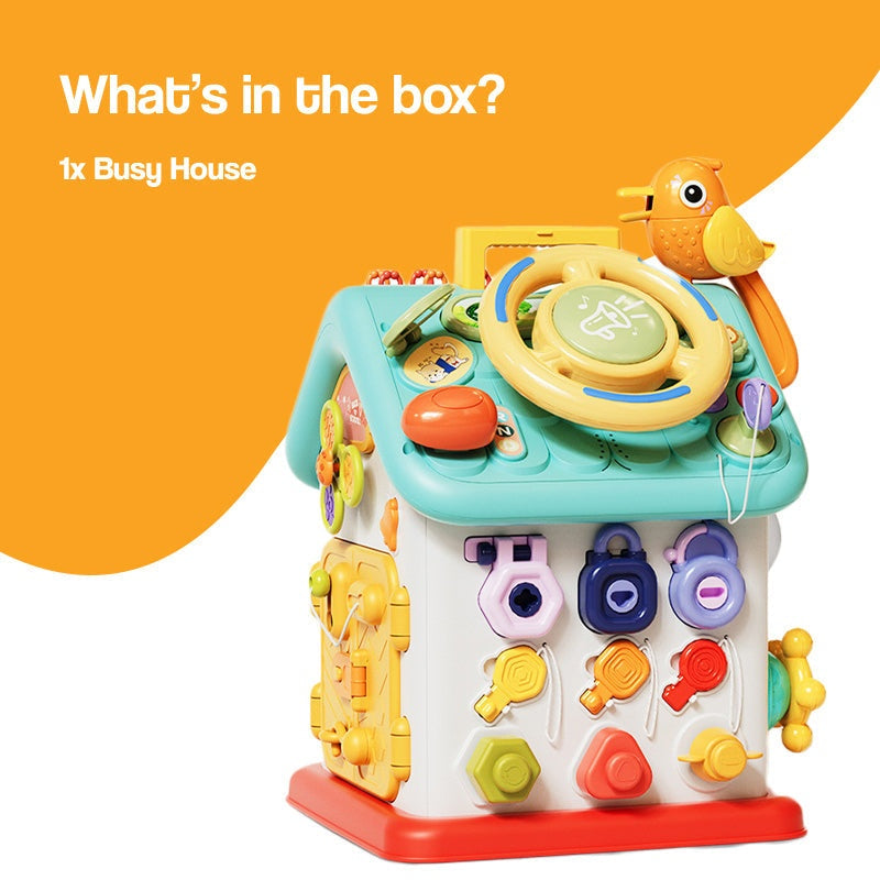 Montessori Busy House toy with interactive buttons, switches, and colorful shapes for toddler fine motor skills development