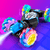 Gesture-sensing off-road drift remote control car with colorful wheels and LED lights on purple background