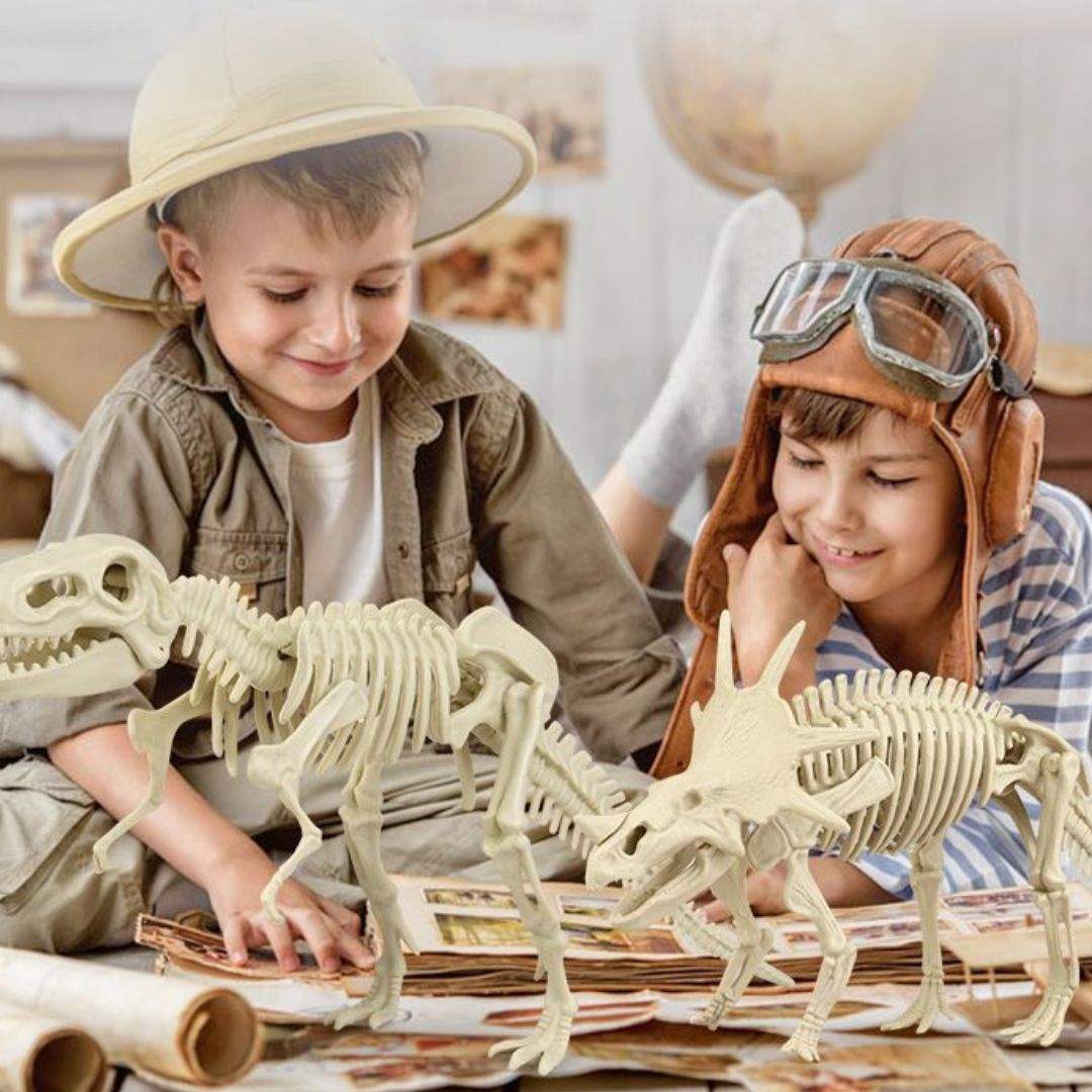 Children playing with Dinosaur T-Rex Skeleton DIY excavation toy models, educational archaeology activity