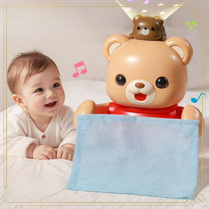 Happy infant playing with Peek-a-Boo Bear educational toy for toddlers