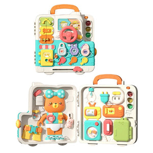 Colorful Busy Board Montessori educational toy for infants with lights, sounds, locks, and interactive elements for learning and motor skills development.