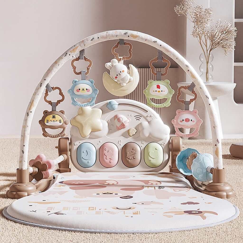 Baby Foot-Piano Fitness Rack for newborns with colorful hanging toys and foot-activated piano keys for sensory and motor skill development