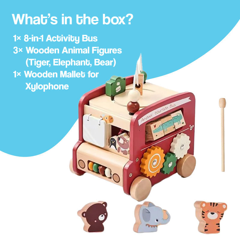 Wooden Montessori Busy Bus with 8-in-1 activities, animal figures, and xylophone mallet for kids ages 12 months to 5 years