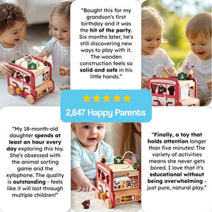 Wooden Montessori Busy Bus with 8 educational activities for toddlers and preschoolers, featuring natural beech wood and animal-themed design