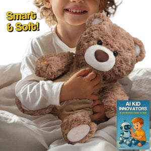 Child hugging Mama & Papa Bear AI-powered plushie teddy bear, smart soft interactive toy for kids ages 3+ with voice conversation and bedtime stories