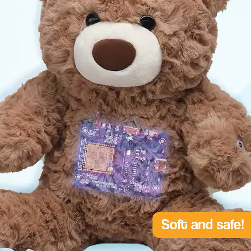 Mama & Papa Bear AI powered plushie with soft teddy bear design and embedded circuit board for interactive storytelling and learning.