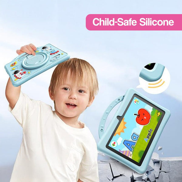 Toddler holding the shockproof learning tablet