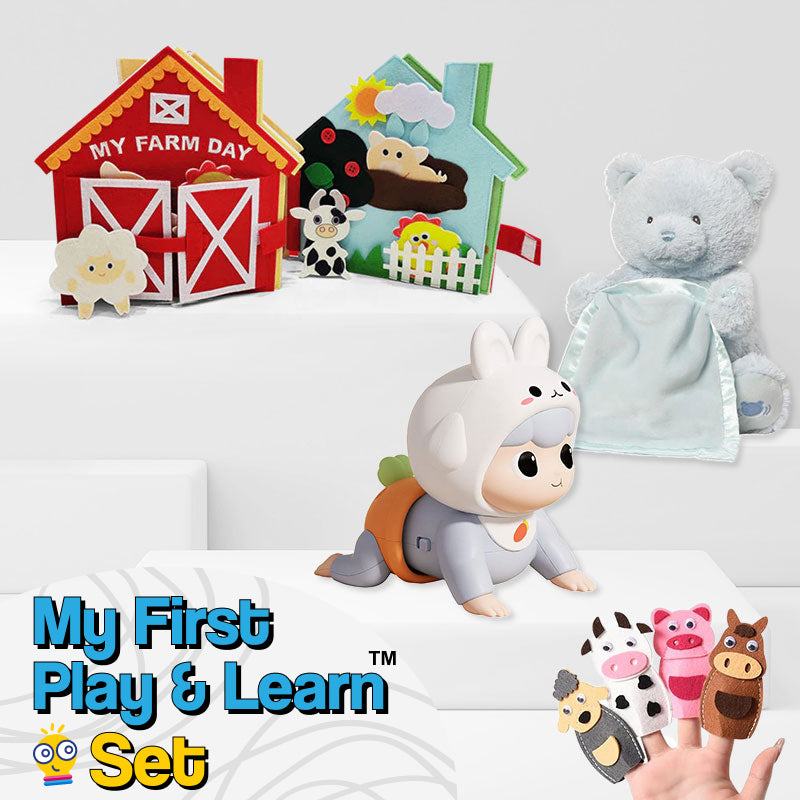 My First Play & Learn Set with plush bear, farm day book, rabbit toy, and finger puppets