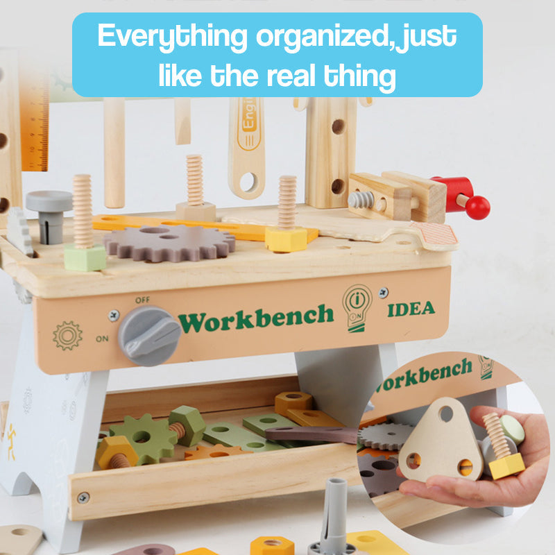 Daddy's Buddy STEM Wooden Workbench wooden kids workbench with tools and gears for hands-on STEM play