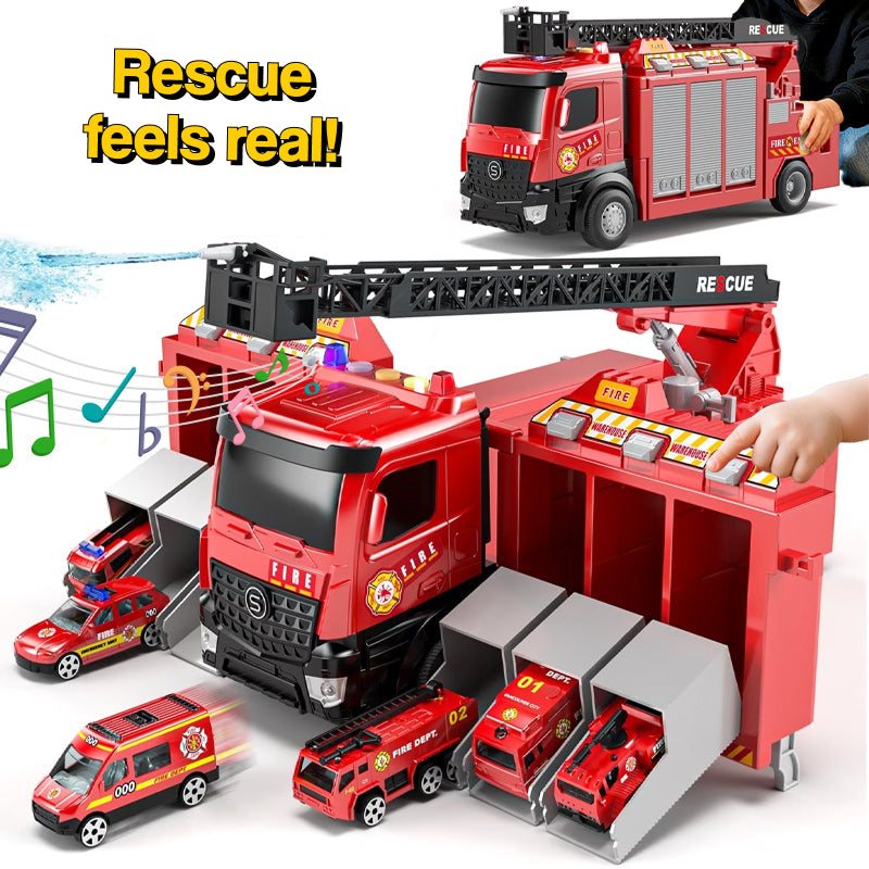 Mega Rescue Water Spray Truck with lights, sounds, 12 die-cast cars, and real water spray for interactive rescue play.