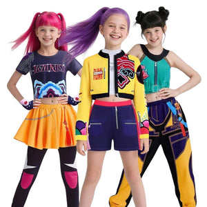 Kids wearing vibrant Warrior Squad Halloween Costume set with bold geometric patterns and colorful matching outfits