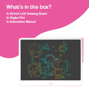 20-inch LCD drawing board with colorful glowing lines, stylus pen, and reusable writing surface for kids' creativity