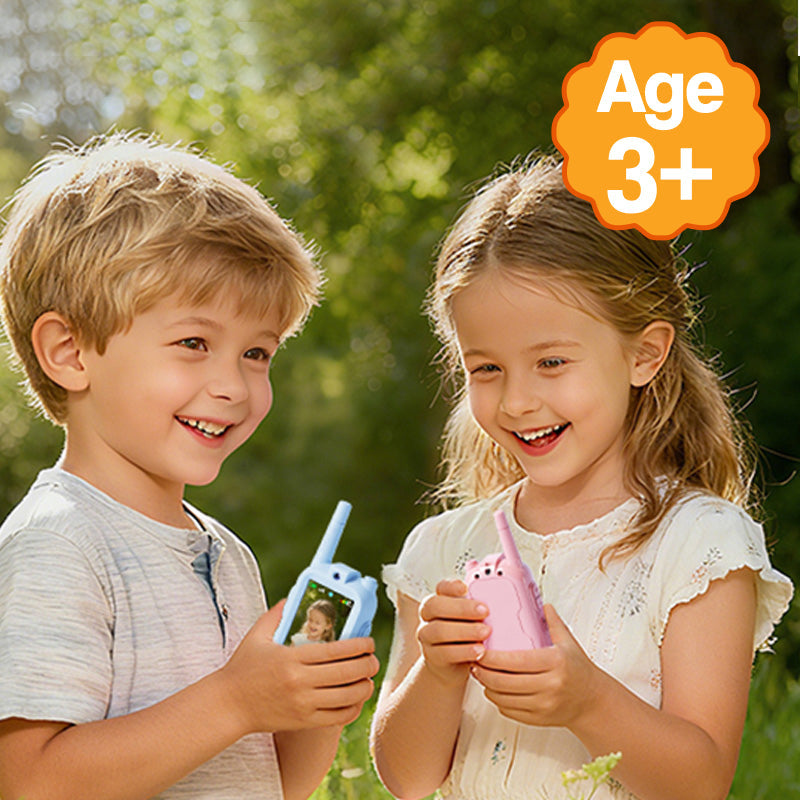 Kids using Face-to-Face Video Walkie Talkie for safe communication outdoors, age 3+
