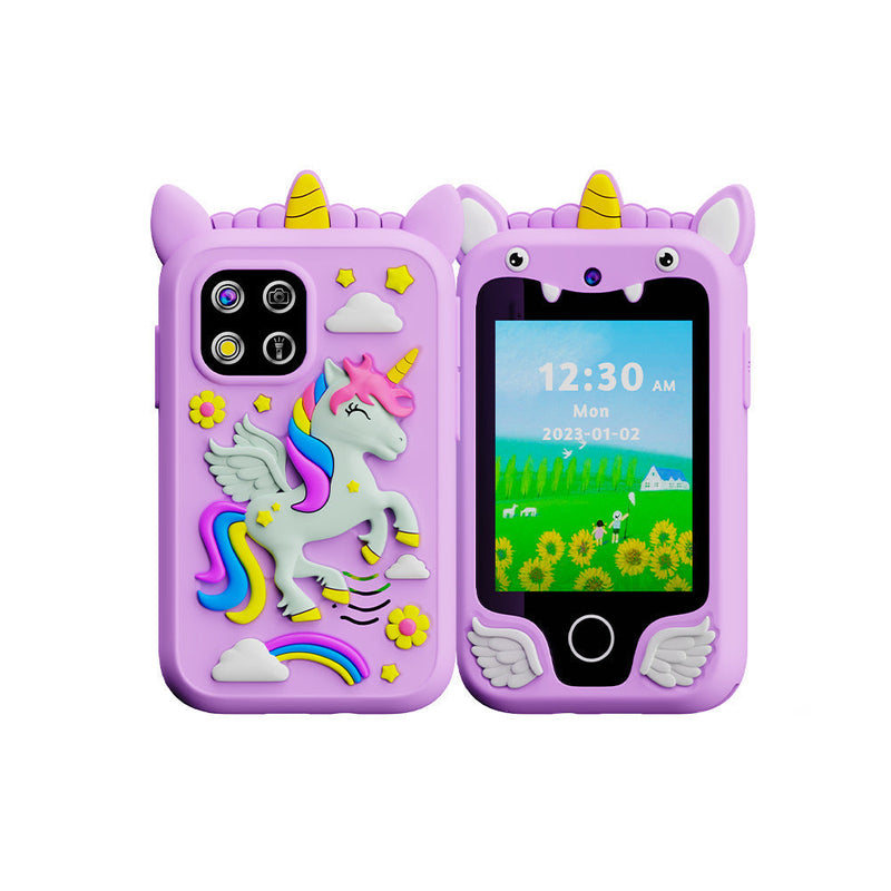 Kids mobile phone with touch screen, games, and unicorn silicone case.