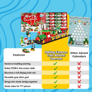Holiday Express Train Advent Calendar with 24-day building activity, STEM-friendly, reusable festive train set for family holiday fun
