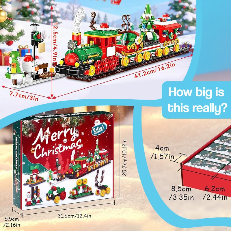 Holiday Express Train Advent Calendar 24-day buildable Christmas train with detailed dimensions and festive packaging