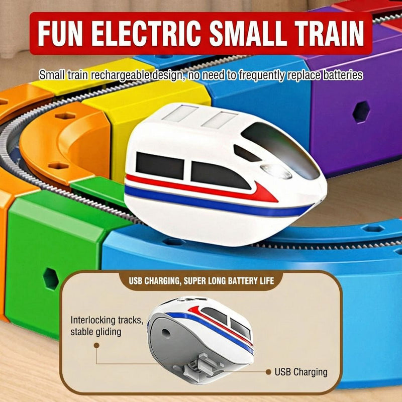 Electric magnetic building blocks train toy with rechargeable battery and interlocking colorful tracks for kids ages 4-6