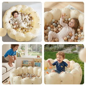 Pop-Up Ball Pit with 100 balls and tall walls for toddlers, safe PVC material, indoor ball pit and outdoor splash pool, folds flat for storage.