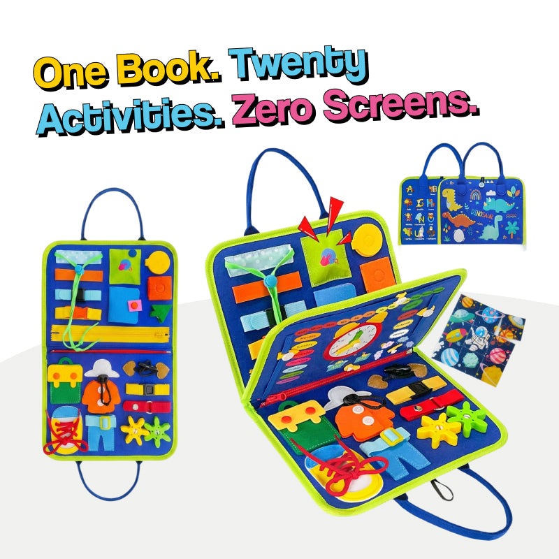 Little Hands & Big Minds Busy Book toddler activity handbag with zippers, buttons, buckles, and working clock for ages 1-4