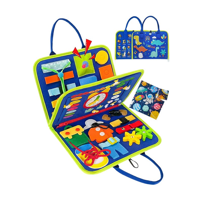 Little Hands & Big Minds Busy Book toddler handbag with zippers, buttons, buckles, and a movable clock for ages 1-4