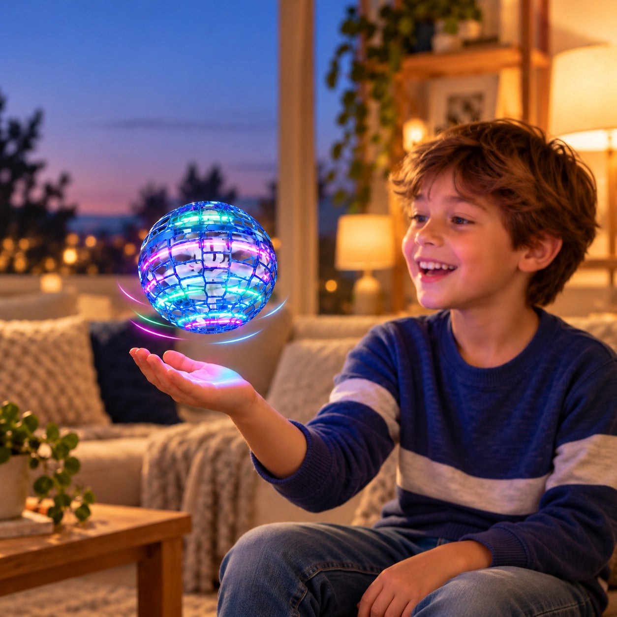 Galaxy Lights Flying Magic Orb toy hovering above hand with colorful LED lights