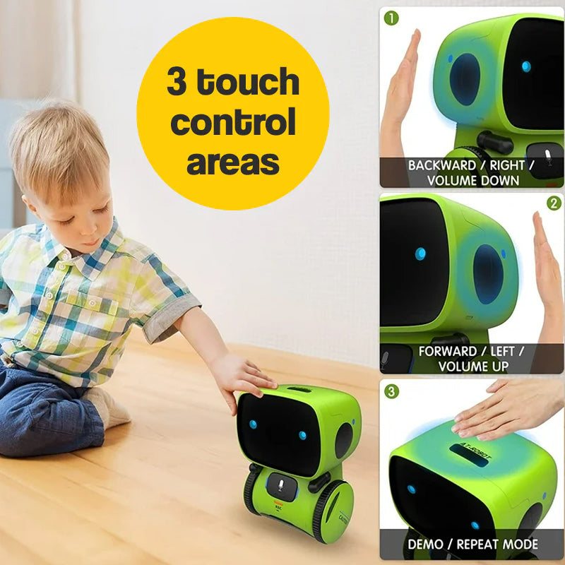 Child playing with Robby the Robot interactive toy featuring 3 touch control areas for volume and demo mode