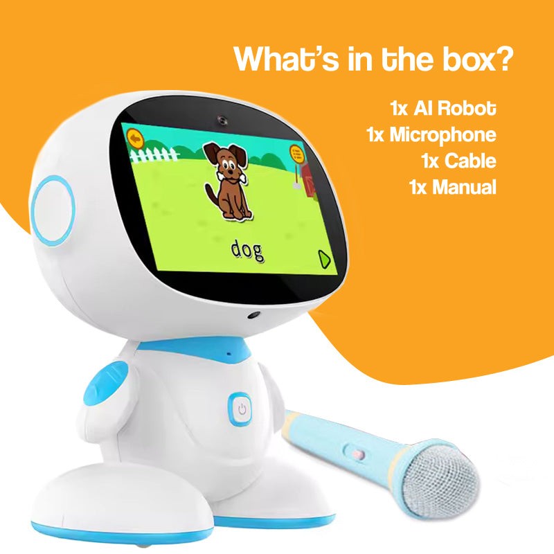 AI-powered STEM learning robot with interactive screen showing dog image, blue microphone, and accessories on orange background