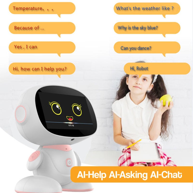 AI-powered STEM learning robot interacting with a young girl for educational play and chat