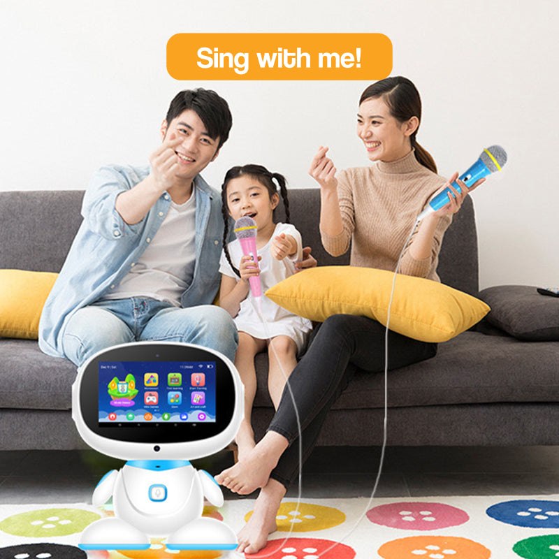 Family singing karaoke with AI-powered STEM learning robot and colorful microphones in living room