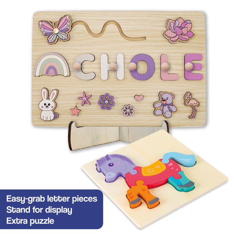 Custom Name Montessori Board personalized wooden name puzzle with colorful letter pieces and animal shapes for kids learning and play