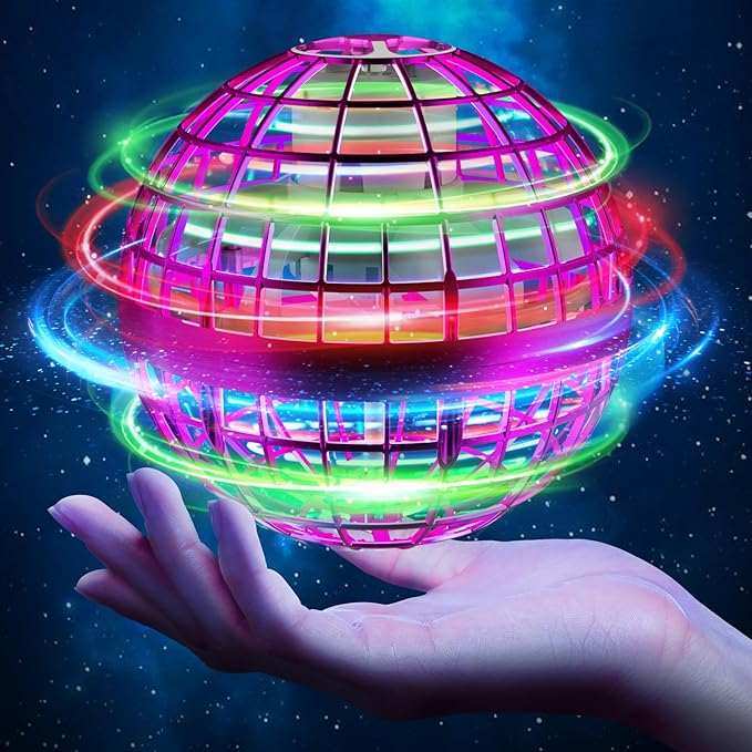 Galaxy Lights Flying Magic Orb glowing colorful LED toy drone hovering above hand in dark background