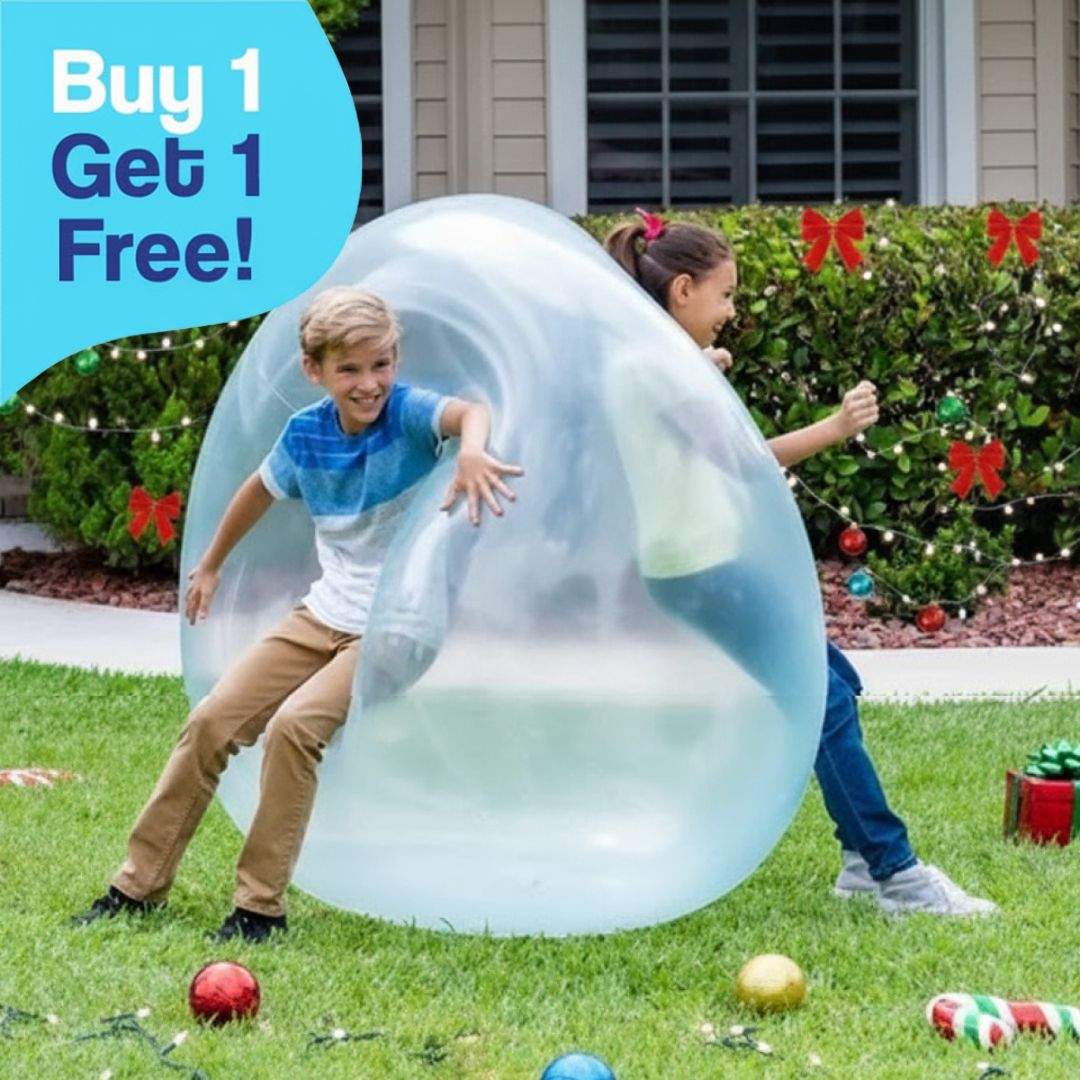 Kids playing outdoors with a Giant Jelly Balloon Ball inflatable toy during Christmas, promoting active fun and physical play