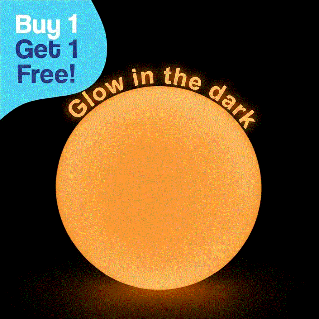 Giant Jelly Balloon Ball glowing orange in the dark with Buy 1 Get 1 Free offer