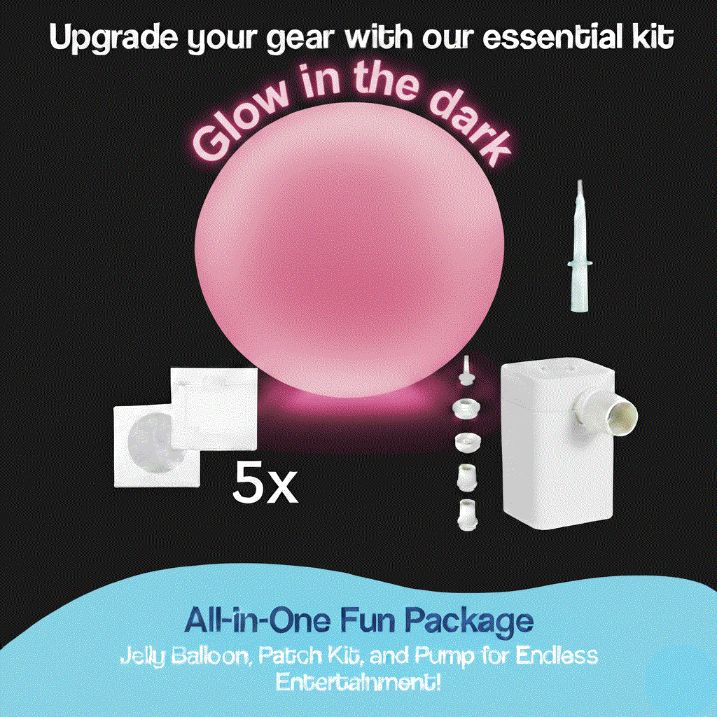 Giant Jelly Balloon Ball kit with glow-in-the-dark feature, including inflatable balloon, patch kit, and pump for outdoor fun and repair.