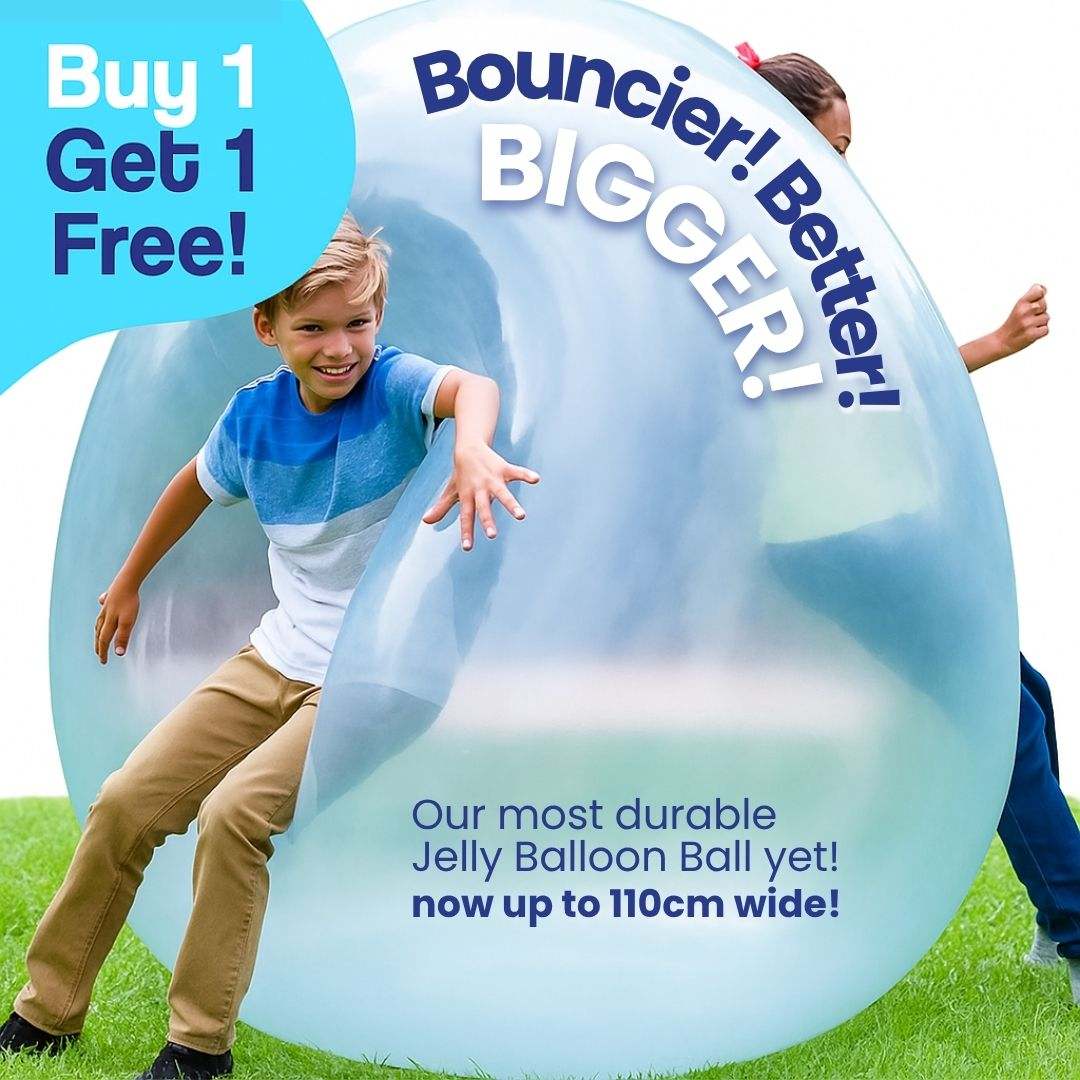 Kids playing with giant blue inflatable Giant Jelly Balloon Ball outdoors, buy 1 get 1 free promotional text visible