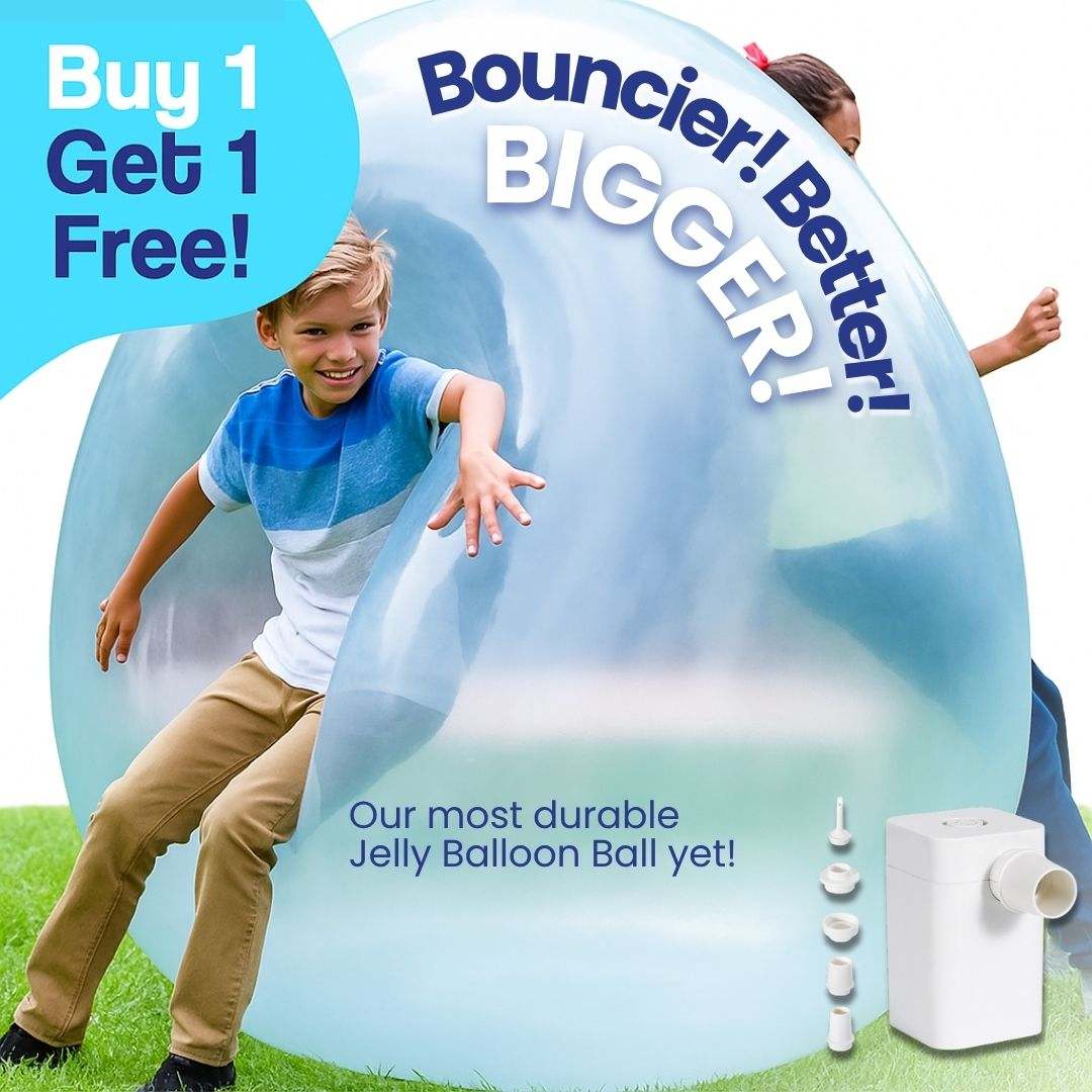 Kids playing with large inflatable Giant Jelly Balloon Ball outdoors with pump and accessories, buy one get one free promotion