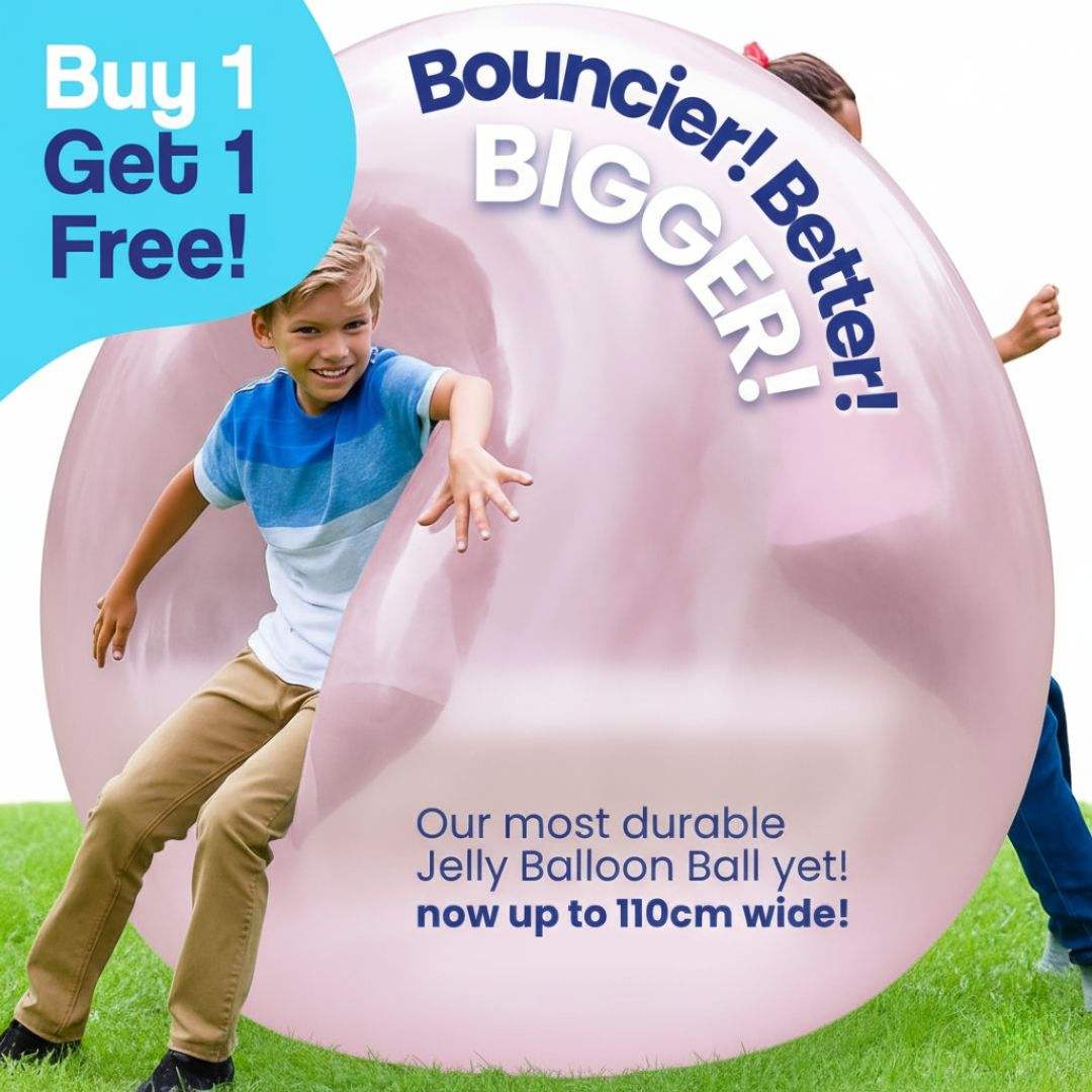 Kids playing outdoors with giant pink inflatable Giant Jelly Balloon Ball promoting active fun and durability