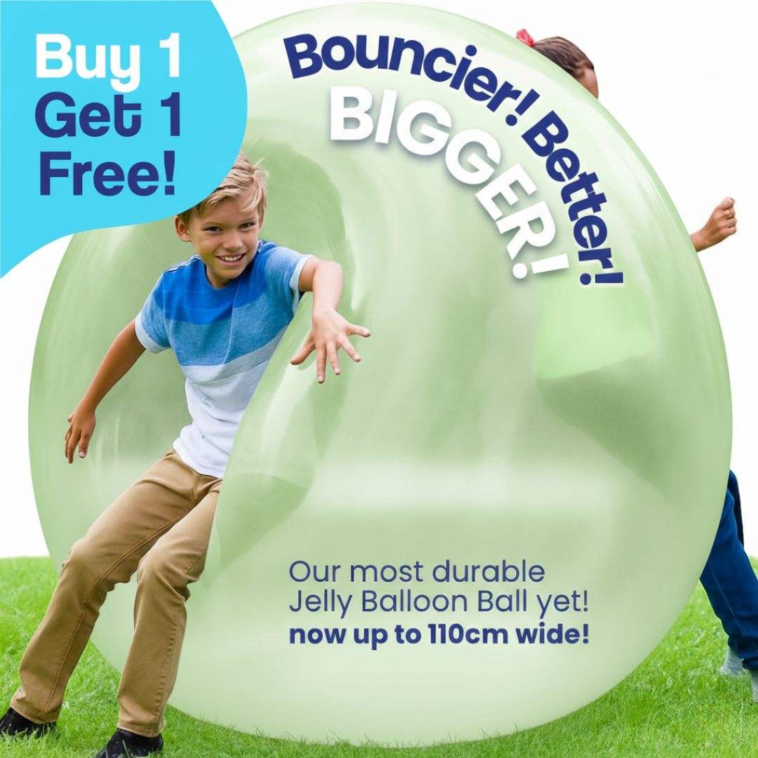 Kids playing with large green Giant Jelly Balloon Ball outdoors, buy 1 get 1 free promotion