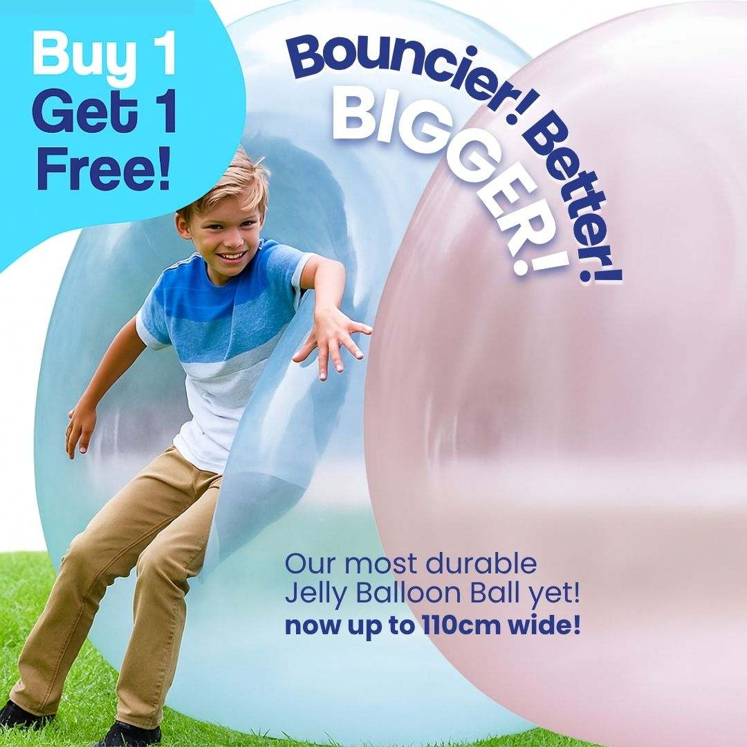 Boy playing outdoors with two large colorful Giant Jelly Balloon Balls promoting buy one get one free offer