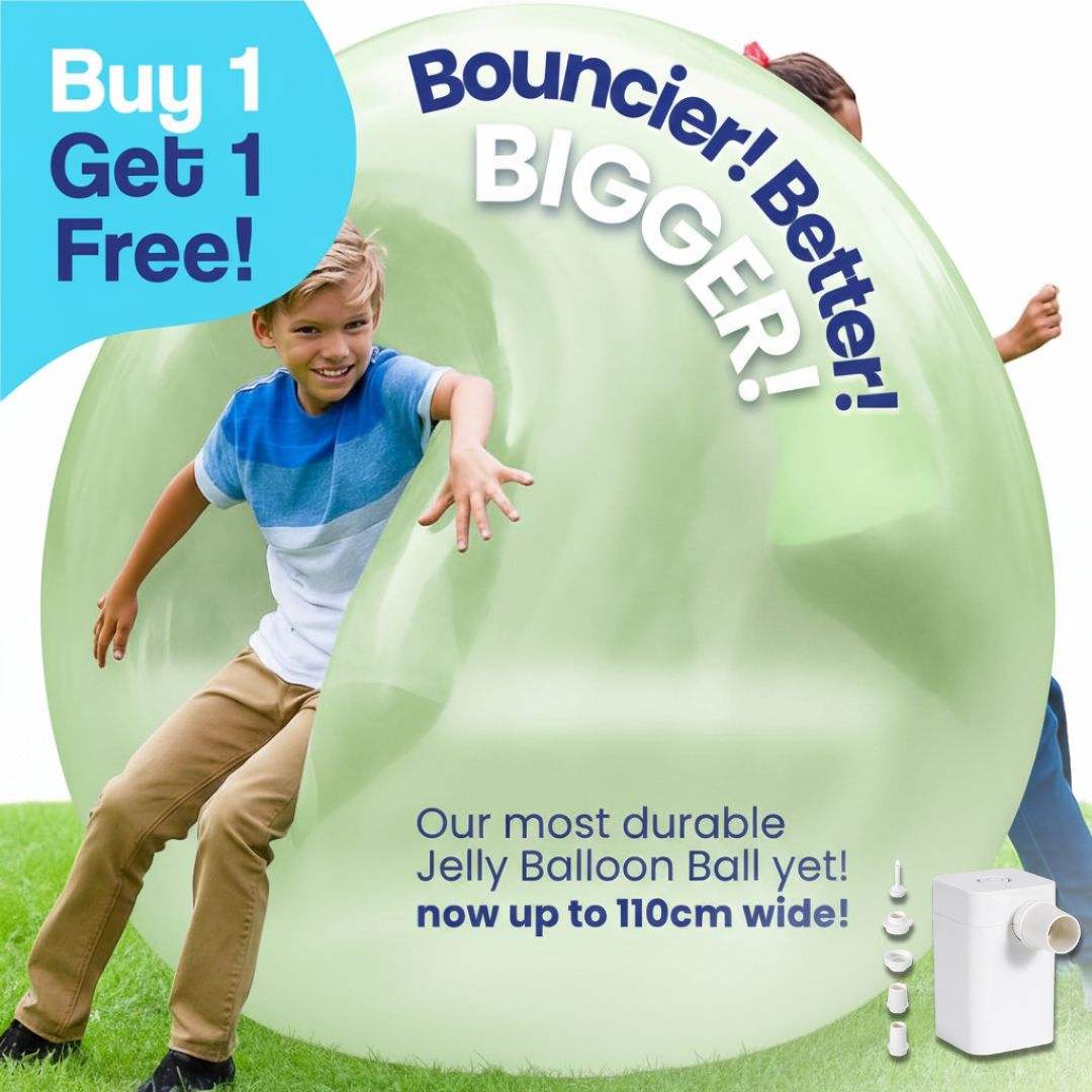 Kids playing with large green Giant Jelly Balloon Ball outdoor inflatable toy with pump and accessories, buy 1 get 1 free offer