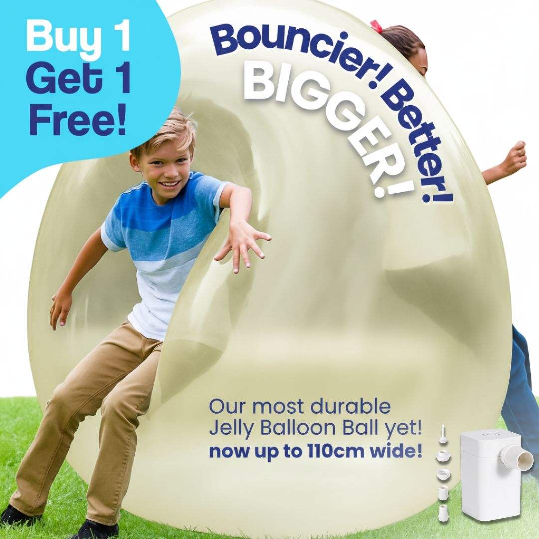 Kids playing with large transparent Giant Jelly Balloon Ball outdoors showing durability and bouncy fun with buy one get one free offer
