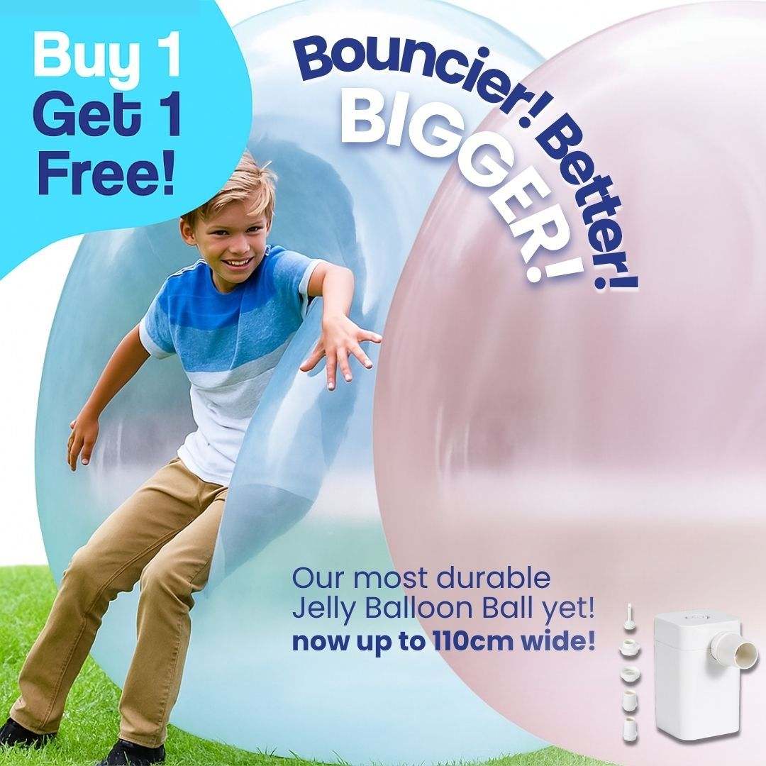 Boy playing with giant jelly balloon balls outdoors, inflatable and durable fun toy for kids, buy 1 get 1 free promotion