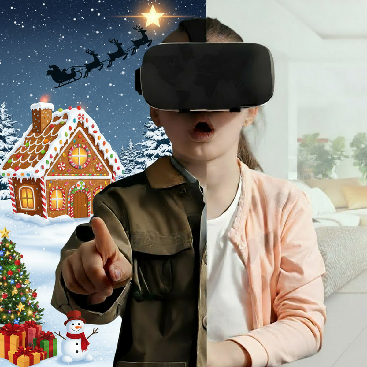 Child using interactive VR headset for kids exploring virtual Christmas world and real home environment
