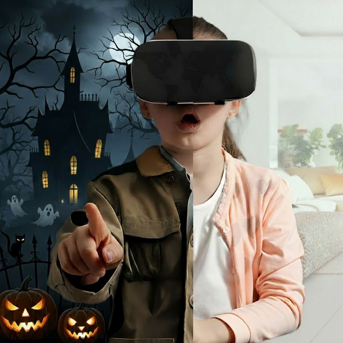 Child wearing interactive VR headset experiencing Halloween-themed virtual adventure with spooky castle and pumpkins in background